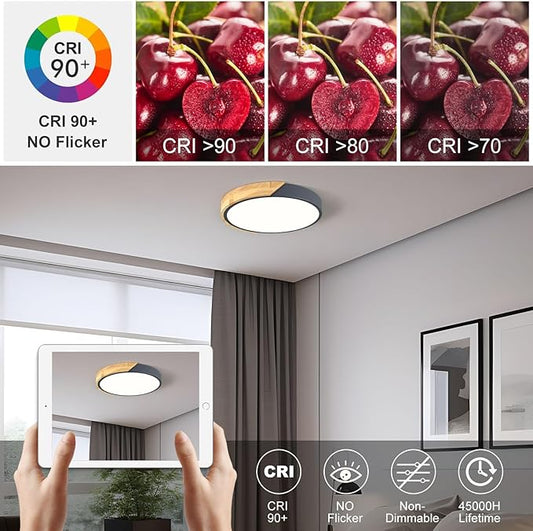 Vikaey Modern LED Ceiling Light, Minimalist Wood Flush Mount Ceiling Light Fixture, 4000K Not Dimmable, Circle Lighting Lamp with Acrylic Lampshade for Bedroom Dining Room Laundry (Grey, 11.8'')