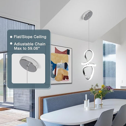 6000K Modern LED Pendant Lights, 24W LED Pendant Lights Kitchen Island Lighting, Chrome Adjustable Height Hanging Light Fixture for Kitchen Study Corridor Stairs Dining Room, 1 Pack