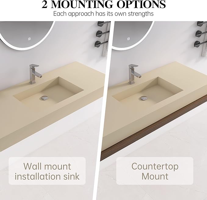 47"X19" Bathroom Sink with Single Faucet Hole, Stone Resin Wall-Mount or Countertop Vessel Sink, Rectangle Solid Surface Floating Sink with Mounting Screws, Latte Color