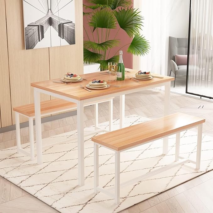 Recaceik 47” Dining Table Set for 4, 3-Piece Kitchen Table with 2 Benches, Wood Kitchen Table and Chair Set, Space-Saving Dining Room Set Dinette Set for Breakfast Nook and Small Space, Beige