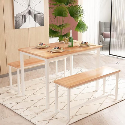 Recaceik 47” Dining Table Set for 4, 3-Piece Kitchen Table with 2 Benches, Wood Kitchen Table and Chair Set, Space-Saving Dining Room Set Dinette Set for Breakfast Nook and Small Space, Beige