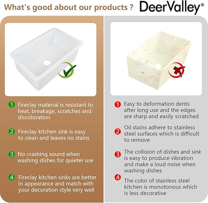 DeerValley Undermount Kitchen Sink 32 inch, White Fireclay Farmhouse Sinks, Single Bowl Deep Drop-in Kitchen Sink with Bottom Grid & Strainer, Heavy Duty Solid Fireclay