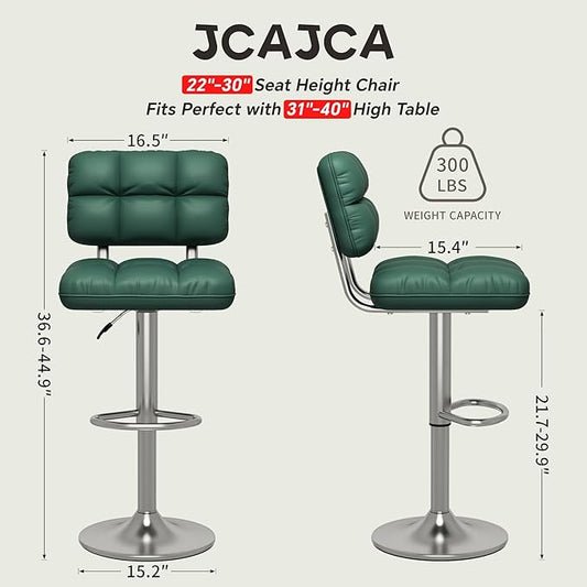 Bar Stools Set of 2 Upholstered Adjustable Counter Height Swivel Bar Stools Island Chairs with Back for Bar Kitchen Dining Room, Green