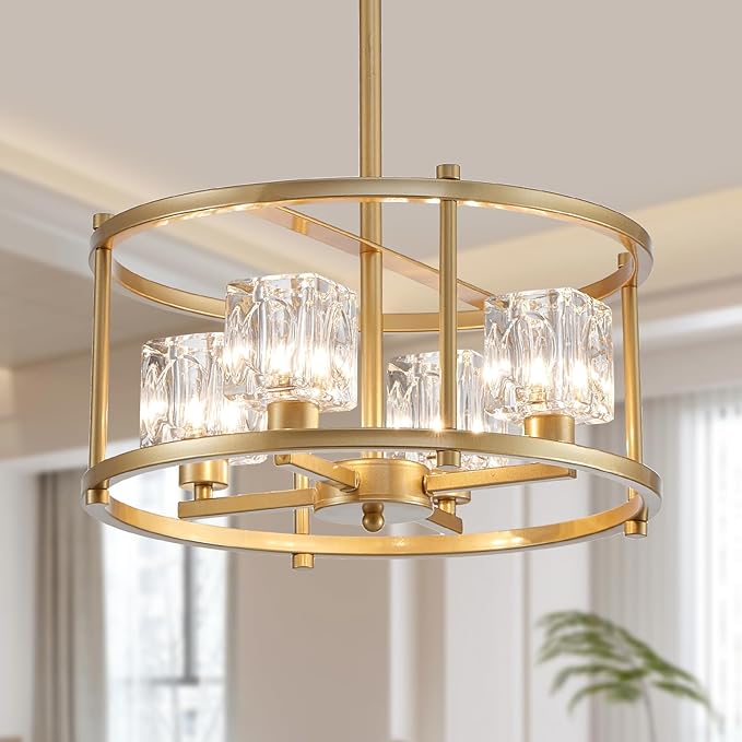 Modern Gold Chandeliers for Dining Room Over Table, Farmhouse Pendant Lighting Fixtures Drum Chandelier 4-Light Round Ceiling Lights