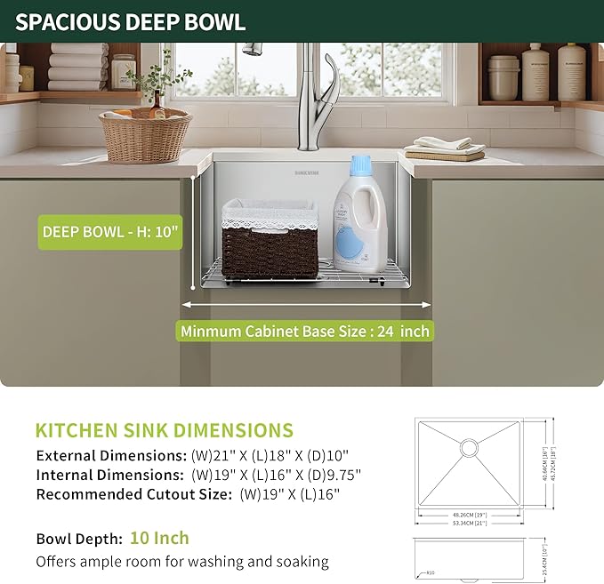 21-Inch Undermount Kitchen Bar Sink, SINKVINE Stainless Steel Wet Bar Sink Single Bowl for Outdoor, RV, Laundry, with Drain Strainer, Bottom Grid Protector, Roll-up Drying Unit, 21" x 18" x 10"