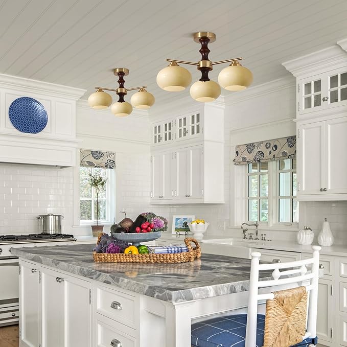 KCO Lighting Vintage Kitchen Flush Mount Ceiling Light 3 Globe Light Fixture Farmhouse Wood Sputnik Chandelier Brass Gold Hallway Ceiling Light Fixtures