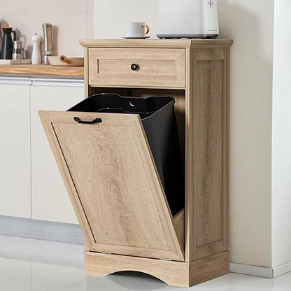 13 Gallons Tilt Out Trash Cabinet Freestanding Kitchen Trash Bin Cabinet Wood Garbage Recycling Cabinet with Hideaway Drawer Pet Proof Trash Can Holder for Kitchen Living Room, Natural