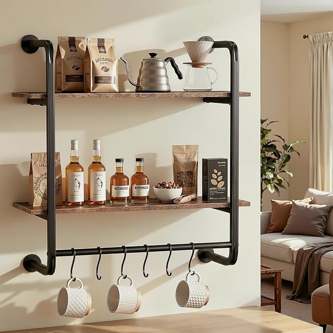 2 Tier Industrial Pipe Floating Shelf, 24" Kitchen Wall Shelves with Towel Bar & 6 Hooks, Coffee Bar Shelves Display Bookshelf Wall Shelf for Kitchen, Bathroom, Home Décor, Rustic Brown