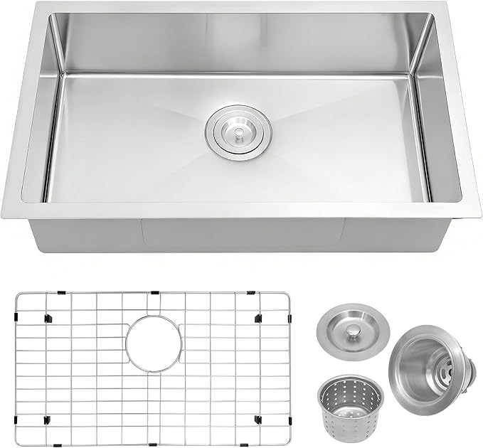 MILOSEN RV Kitchen Sink, 27''×16''×7'' 16 Gauge T304 Stainless Steel Drop-in/Undermount RV Sink, 27 inch Single Bowl Sinks for Caravans/Campervans & Site Cabins, 7 inch Depth Outdoor Trailer Sinks