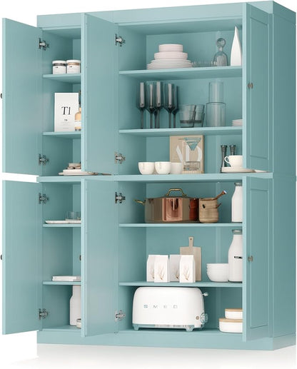 Palace Imports Solid Wood Kitchen Pantry Cabinet 71.5" Tall, 48.5" Wide – Freestanding Storage Cupboard with Adjustable Shelves – Aqua, Renewable Eco-Friendly 100% Wood, Made in Brazil
