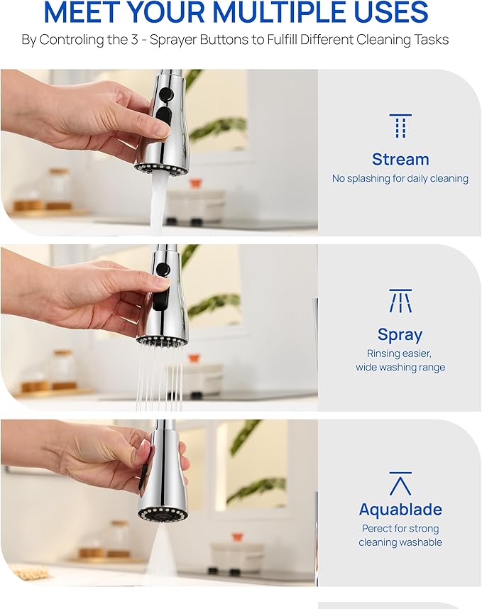 Metal Kitchen Faucet Head Replacement – 3 Mode High-Pressure Sink Sprayer Replacement with 15 Nozzle Adapters, Durable Pull Down Spray Head for Kitchen Sink, Chrome, Stainless Steel