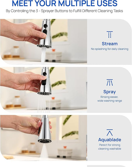Metal Kitchen Faucet Head Replacement – 3 Mode High-Pressure Sink Sprayer Replacement with 15 Nozzle Adapters, Durable Pull Down Spray Head for Kitchen Sink, Chrome, Stainless Steel