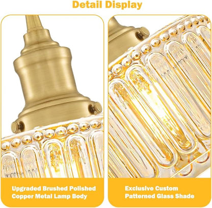 Rustic Pendant Light Set of 2, Brushed Gold Pendant Lights Kitchen Island with Amber Glass Shade, Brass Kitchen Pendant Lighting over Island, Adjustable Hanging Light for Hallway Bathroom Dining Room