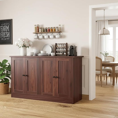 holzart Rustic Brown Buffet Cabinet with Storage, 49" Farmhouse Kitchen Sideboard with 4 Doors, Industrial Coffee Bar Cabinet & Console Table for Dining Room, Living Room