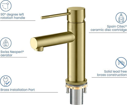 KIBI KBF1010 Solid Brass Single Handle Single Hole Circular X Faucet for Bathroom Sink | High Arc Faucet Spout | Brushed Gold | Corrosion and Rust Resistant