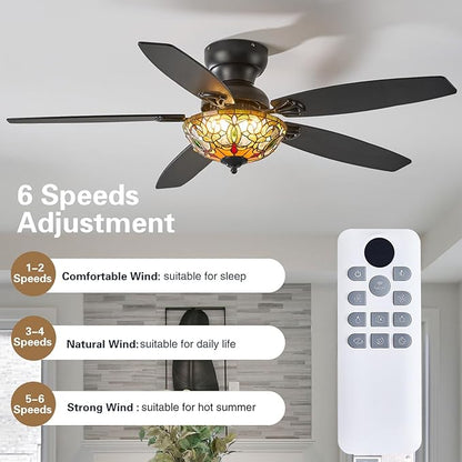Ceiling Fans with Lights - 52" Ceiling Fan Chandelier with 5 Dual-Blades and Glass Shade, 6 Speeds and Reversible, Indoor and Outdoor, Retro Style