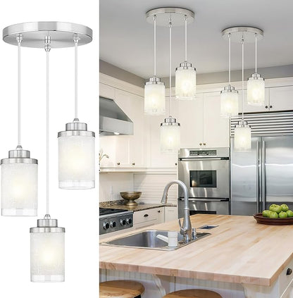 TENGXIN 3-Lights Modern Pendant Light with Glass Shade Brushed Nickel Pendant Lighting Adjustable Industrial Retro Style Hanging Light Fixture for Kitchen, Farmhouse