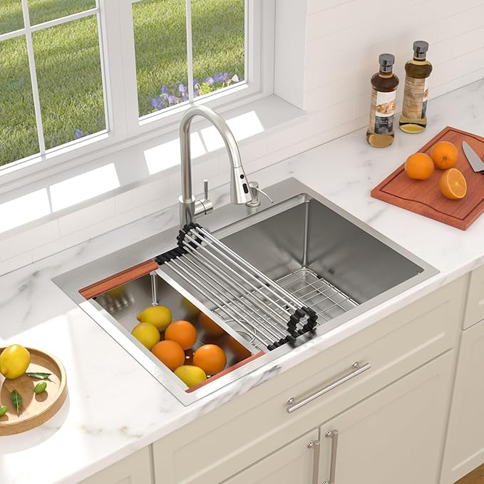 Dcolora 30 In. Drop In Kitchen Sink With Faucet Topmount Single Bowl Sink Workstation Stainless Steel Overmount Basin 30"×22"×10", DC-SFDOE00125