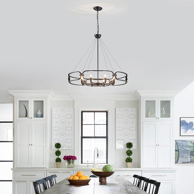 Black Chandelier, 31" Large 8-Light Industrial Chandeliers for Dining Room, Round Farmhouse Kitchen Pendant Lighting Fixture for Entryway, Living Room, Bedroom, Foyer, Office