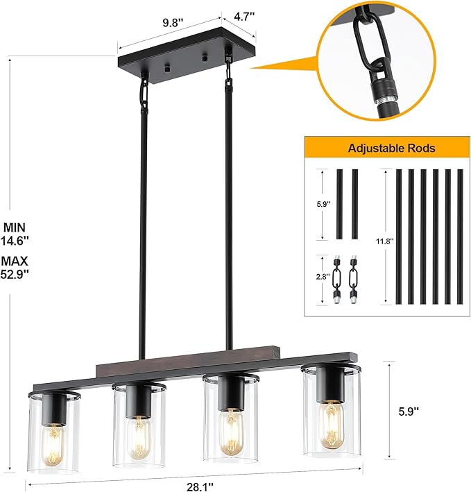 Mecgirn Farmhouse Dining Room Light Fixtures Over Table, Black Pendant Lights for Kitchen Island, 4 Light Linear Chandelier Lighting with Wood