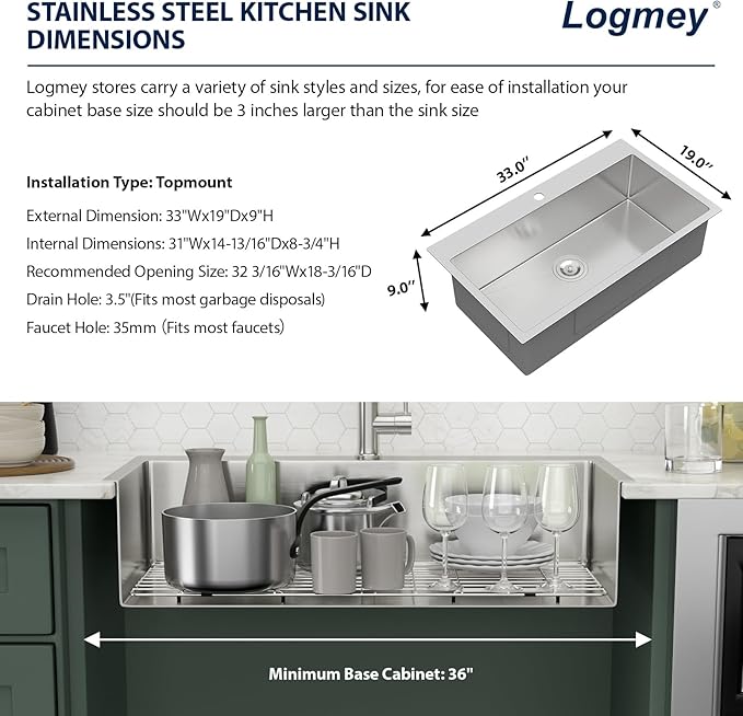 Logmey 33 Inch Drop in Kitchen Sink 33x19 Stainless Steel Sinks 16 Gauge Topmount Single Bowl with Round Corners 33x19x9