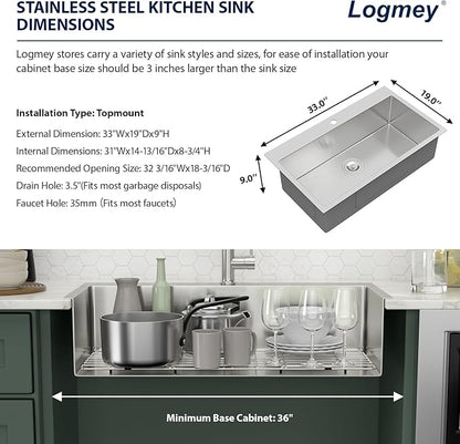 Logmey 33 Inch Drop in Kitchen Sink 33x19 Stainless Steel Sinks 16 Gauge Topmount Single Bowl with Round Corners 33x19x9
