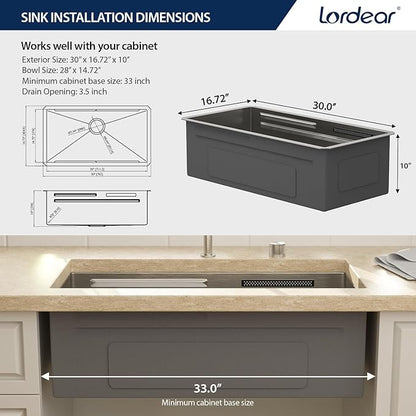 Lordear 30 Inch Undermount Waterfall Kitchen Sink - 30 Inch Undermount Kitchen Sinks Workstation 16 Gauge Single Bowl Handmade Under Counter Smart Kitchen Sink