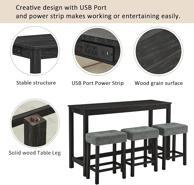 HMFULE 59'' Bar Table and Chairs Set with Power Outlet, Industrial Breakfast Table Set with 3 Padded Stools, Solid Wood Console Table Set for Living Dining Room, Black
