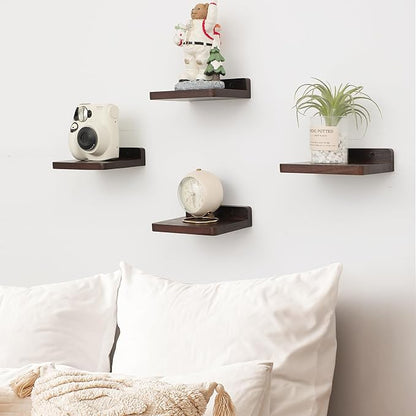 Small Floating Shelf, 5x6 Inch Display Ledges for Wall,Mini Shelves,Rustic Wood Shelf for Bedroom Living Room Bathroom Kitchen (3, Dark Walnut)