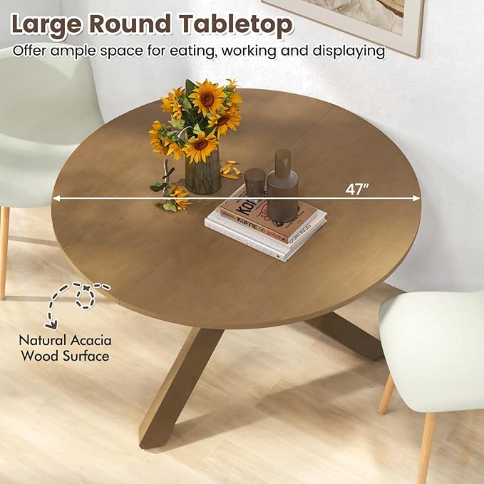 Giantex 47" Round Dining Table with Intersecting Acacia Wood Legs, Adjustable Foot Pads, 500Lbs Capacity, Mid Century Kitchen Table for 4-6 Person Dinner, Dinette, Dining Room, Restaurant