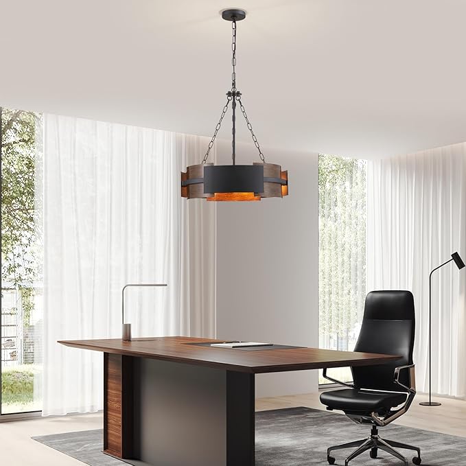 Modern Farmhouse Chandelier 19.7" Industrial Drum Pendant Lighting Fixture Large 4-Light Black Walnut Grain Finish for Dining Room Kitchen Island Office Living Room