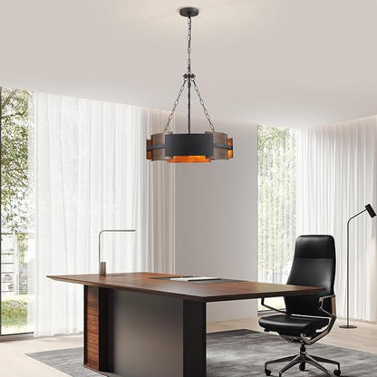 Modern Farmhouse Chandelier 19.7" Industrial Drum Pendant Lighting Fixture Large 4-Light Black Walnut Grain Finish for Dining Room Kitchen Island Office Living Room