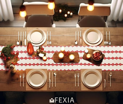 FEXIA Christmas Red Table Runner 13x72 Inches Long Christmas Runner for Table Boho Table Decor Rustic Farmhouse Xmas Decoration for Home Party Decor (Red Square)
