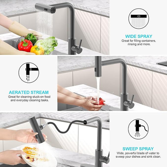 AVSIILE Waterfall Kitchen Faucets with Pull Down Sprayer & Soap Dispenser, Single Hole, Single Handle, Pull Out Tap, Stainless Steel Sink Faucet in Gray, Suitable for Farmhouse Camper Laundry Rv Bar