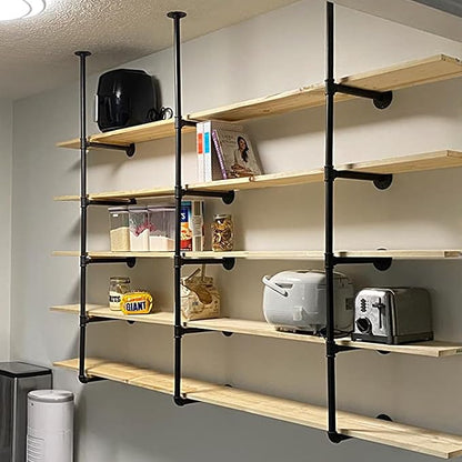 HITOMEN Industrial Iron Pipe Shelves, 3 Set 5-Tier 70.5" Tall 12" Depth, DIY Open Bookshelf Bookcase, Wall Mounted Vintage Retro Shelving, Rustic Farmhouse Pantry Kitchen Storage, Black Shelf Brackets