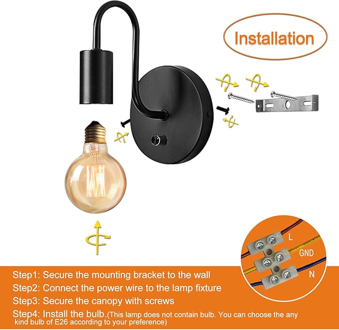 Vintage Dimmble Wall Lights Set of Two, Black Wall Sconces E26 Industrial Wall Lamps Retro Wall Lighting Hard Wired Sconces Lighting for Mirror Bedroom Living Room Kitchen Hallway