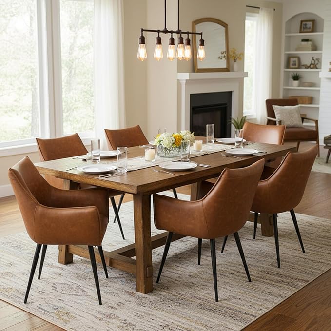 Brown PU Leather Chair, Upholstered Dining Room Chairs with Arms Set of 4 Mid Century Modern Kitchen Chair with Black Metal Legs Comfy Desk Armchair for Restaurant