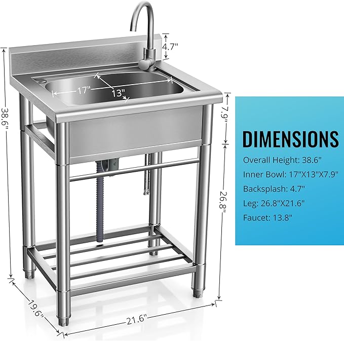 Utility Sink Free Standing Single Bowl Kitchen Sink with Cold and Hot Water Pipe Stainless Steel Sink for Garage Shop Laundry Room Farmhouse Mens Gifts Ourdoor Indoor