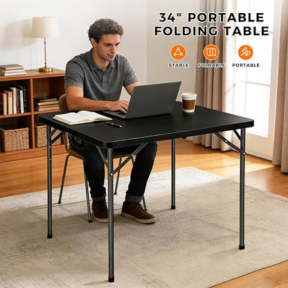 34" Square Folding Table, Portable Folding Card Table with Collapsible Legs & Carrying Handle, Plastic Tables for Camping,Picnic, Office, Party,Black
