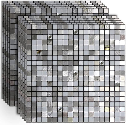 10 Sheets Self-Adhesive Aluminum Mosaic Peel and Stick Metal Tiles 3D Wall Sticker Panel Backsplash for Kitchen & Bathroom (12"x12" Bronze) (10 Silver White)