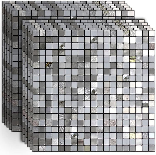 10 Sheets Self-Adhesive Aluminum Mosaic Peel and Stick Metal Tiles 3D Wall Sticker Panel Backsplash for Kitchen & Bathroom (12"x12" Bronze) (10 Silver White)