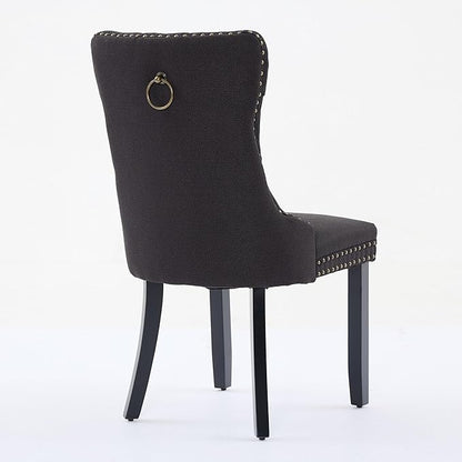 Ball & Cast Contemporary Upholstered Dining Chairs Set of 2, Flax Button Tufted Kitchen Side-Chairs with Hang Ring & Nailhead Trims & Wood Legs, 2-Piece Backrest Traditional Chair, Black+Black