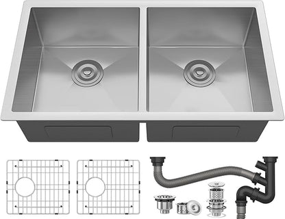 YITAHOME Kitchen Sink 33" x 19" x 10" Undermount Sink 304 Stainless Steel 50/50 Double Bowl Sink with Accessories for Workstation, Prep Kitchen, Bar Sink