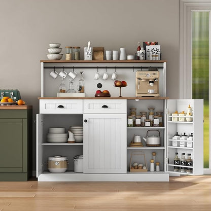 Gyfimoie Sideboard Buffet Cabinet with 2 Drawers, Farmhouse Kitchen Pantry with Adjustable Shelves, Coffee Bar Cupboard Cabinet with 3 Doors for Kitchen, Dining Room (White)