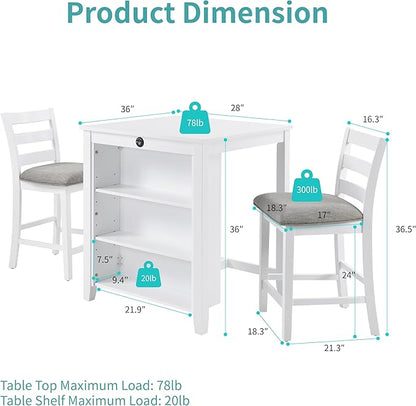 Bar Table Set with Charging Station & 3-Tier Storage, Space-Saving Dining Table Set for 2 with Upholstered Chairs, Small Kitchen Island for Apartment (36 Inch+White)