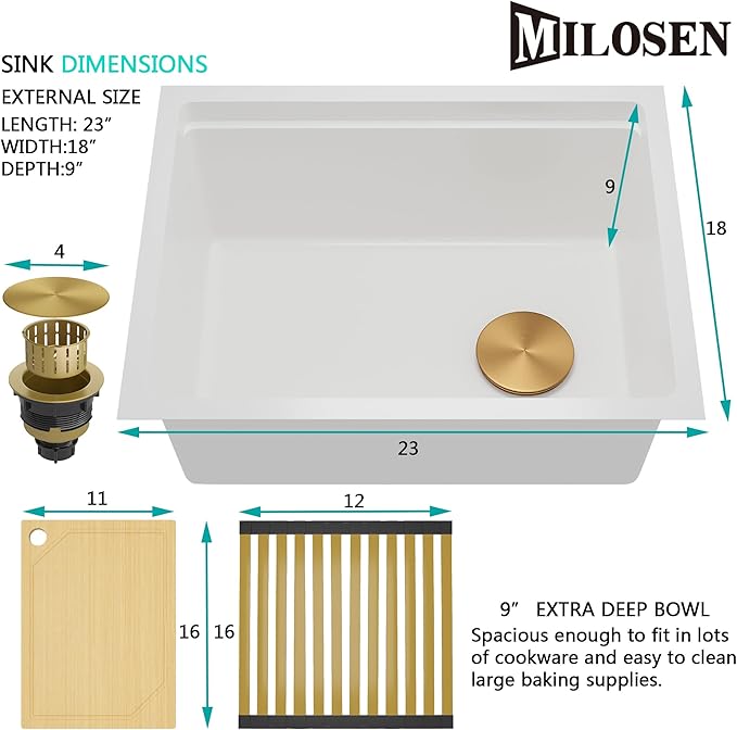MILOSEN White Undermount Kitchen Sink, 23×18 Inch Wet Bar or Prep Sink, Granite Composite 9 Inch Workstation Sinks, Deep Under Counter Single Bowl Utility Sinks With Accessories