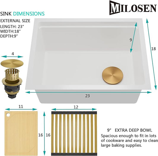 MILOSEN White Undermount Kitchen Sink, 23×18 Inch Wet Bar or Prep Sink, Granite Composite 9 Inch Workstation Sinks, Deep Under Counter Single Bowl Utility Sinks With Accessories