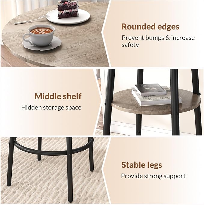 Zevemomo 3 Pieces Round Bar Table and Chairs Set, Small Dining Table for 2, Kitchen Bar Table, Breakfast Table with Storage, 2 Thickened Cushion Stools with Backrest for Dining Room & Bistro-Grey