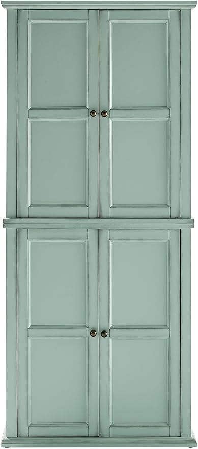 Crosley Furniture Holbrook Traditional Tall Kitchen Pantry, Laundry Room Cabinet, Bathroom Storage Cabinets, Distressed Seafoam Blue