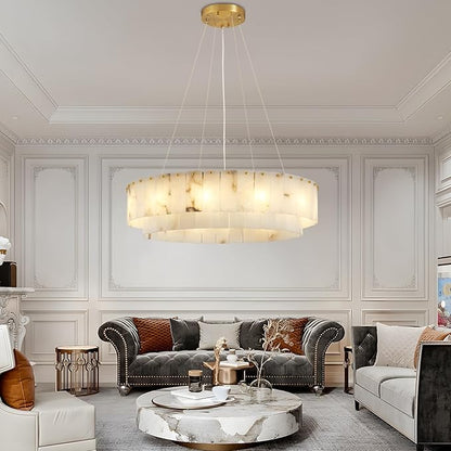 Lanhall Spanish Alabaster Chandelier, 2 Tiers Brushed Brass Modern Chandeliers for Dining Room Light Fixture 12-Light Pendant Light Natural Marble Chandelier for Kitchen Bedroom Living Room Foyer